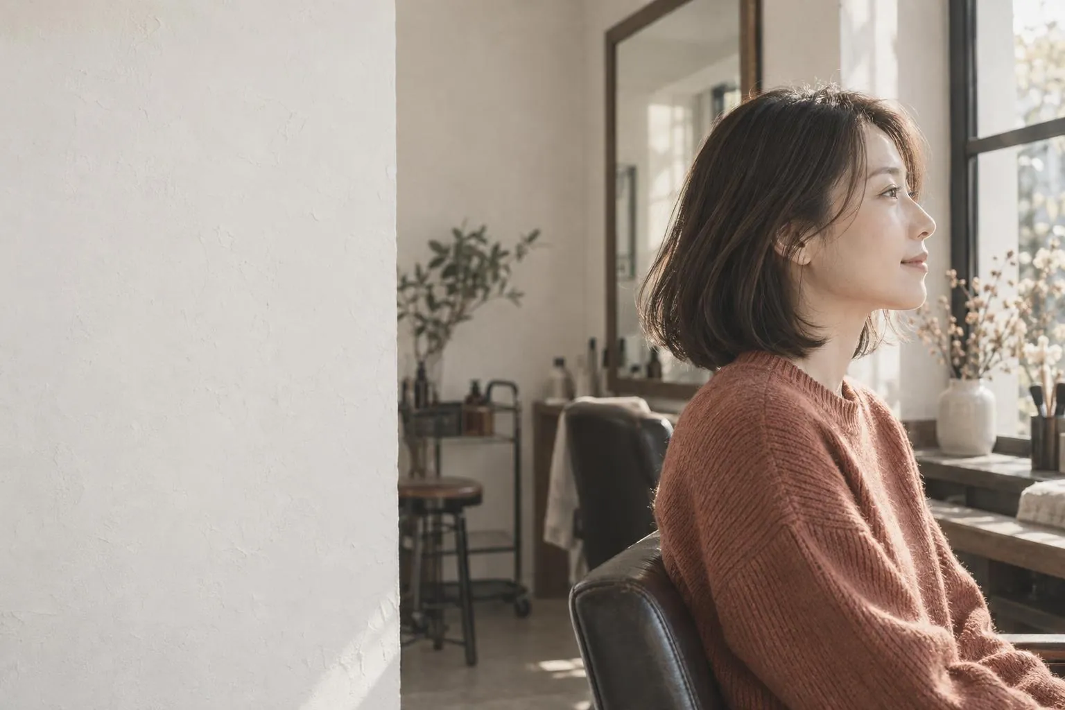 窓辺の自然光の中、肩につく長さのボブヘアの女性の横顔